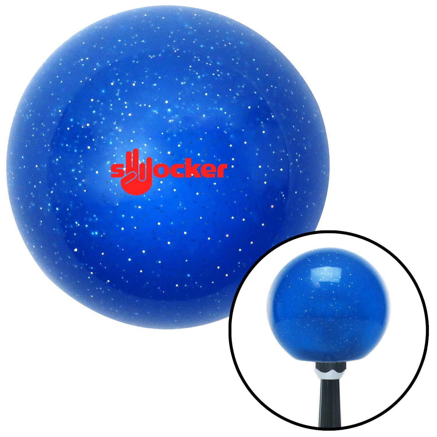 American Shifter 282342 Shift Knob Company Blue Shocker Text Red Metal Flake with M16 x 1.5 Insert 